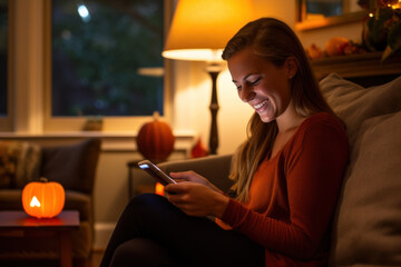 Wall Mural - A woman takes pictures of jack-o'-lanterns on her smartphone and posts them on social media while sitting on the couch in the living room with the lights off.