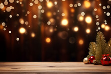 New Year's Background Of Brown Wooden Tabletop With Christmas Tree