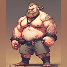 Full Body Drawing Of A Strongman Dwarf Berserker Standing On A Rock Dirty Blonde Wild Hair Braided Long Beard Leather Vest Prisoner Pants Heavy Shackles At The Ankles And Wrists Chains As A Belt 