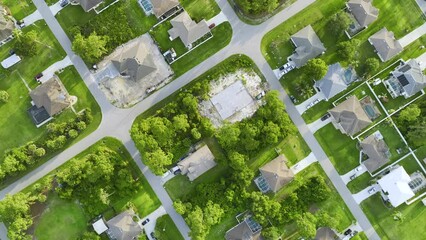 Wall Mural - Aerial view of small town America suburban landscape with private homes between green palm trees in Florida quiet residential area