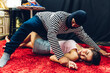 Strange man is attacking young and defenseless woman. Sexual abuse is a problem or Social issues concept. Terrorist man are attacking young women for a hostage