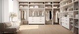 Fototapeta  - home interior design template mockup room ideas concept wioth bright white walkin closet space management with cabinet and area organize home background,ai generate