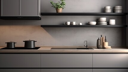 Sticker - black and dark wooden colour kitchen builtin furniture home interior design background kitchen design with stylish colour and material scheme decorating kitchen in daylight,ai generate