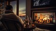 Cozy Winter Evening: Person Sipping Champagne by the Fireplace in a Warm and Inviting Room