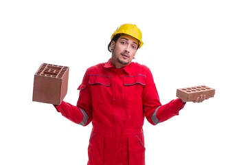 Wall Mural - Young male mason with brick isolated on white