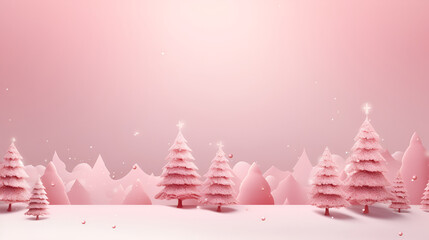 Wall Mural - Christmas and New Year minimalism monochrome background in pastel pink colors. Pink Christmas trees in a snowy forest and Christmas pink decorations on a light background with copy space for text.
