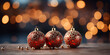Christmas baubles on wooden background with bokeh effect. ia generated
