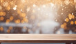 © FJM - Leerer Holztisch vor unscharfem weihnachtlichen Hintergrund mit Weihnachtsdeko und copy space