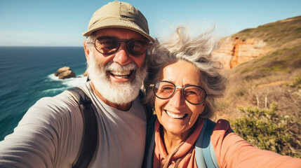 copy space, stockphoto, elderly couple taking a selfie on the cliffs of the Opal coast in France. Beautiful aging happy married couple, posing on cliffs near the ocean. Wonderful view. Happy elderly c