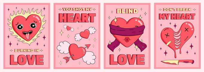 Poster - Set of Valentine's Day posters with cute groovy heart characters, symbols of love, vertical banners, gifts, postcards, vector illustration.