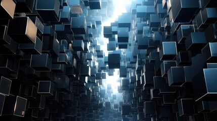 abstract 3d illustration of blue cubes with light coming from the center