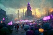 Cyberpunk fantasy concept art future organic big open market for magicians crowds are walking lights coming from shops shopping tents wth purple awnings reflections gold fancy signages octane render 