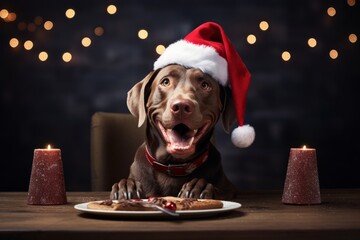 Close-up portrait of a dog wearing Santa hat celebrating Christmas. Table served for holiday dinner