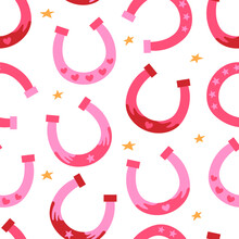 Seamless Pattern With Cute Pink Horseshoes. Vector Flat Background In Western Cowgirl Concept