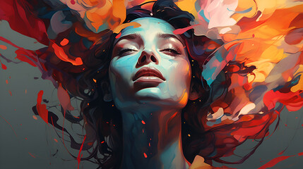 Painting of a woman with her eyes closed surrounded with vivid ember colors representing her internal emotions