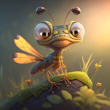 Extremely Cute Dragonfly Character Smiling In A Swamp Multicolored Colorful Shimmering Shiny Cute Dragonfly Character Yawning Smiling Laughing Expressive Soft Lighting Exaggerated Fun Friendly Cute 