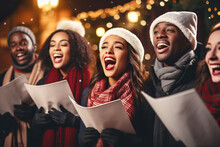 Multiracial Choir Carollers Singing Traditional Christmas Carols Outdoors