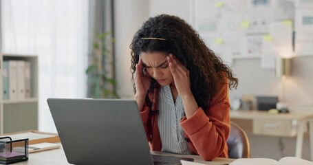 Aufkleber - Frustrated woman, laptop and headache in mistake, stress or depression from overworked at office. Tired and exhausted female person with migraine in fail, burnout or anxiety on computer at workplace