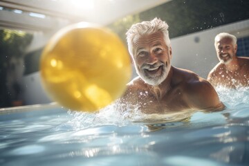 A senior man enjoying an active, healthy lifestyle by the pool in their relaxing, aquatic summer.