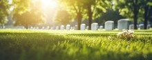 Big American Military Cemetery With Perfect Green Grass, Panorama. Generative Ai.