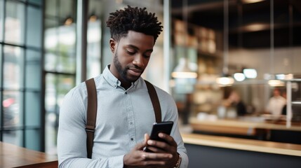 African American man on the street looking at his cell phone