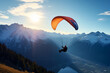 Paraglider flying over mountains in summer day. Generative AI
