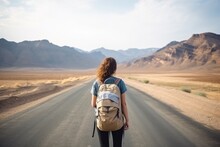 Woman With Backpack On Road Stretching Into Distance