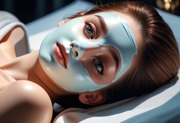 Wall Mural - Close up portrait of beautiful young woman lying on bed with white cosmetic rejuvenating mask applied to skin of her face. Pretty brown hairs girl in white robe does spa treatments in beauty salon