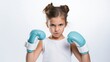 An angry girl with a blue boxing glove on her face