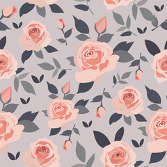 Wall Mural - Vector seamless elegant pattern with pink roses in pastel colors.
