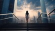 a modern businesswoman's legs as she confidently climbs a staircase in the heart of a bustling city. ample space around the image for text describing her determination and ambition.