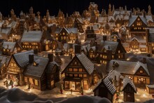 A Village Of Gingerbread Houses With Illuminated Rooftops Covered In Snow. Santa Claus Works In His Workshop. Generative AI