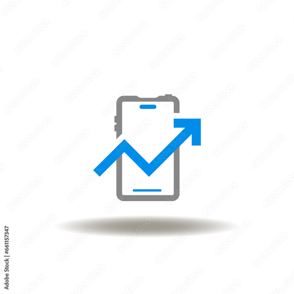 Vector illustration of smartphone with growth graph. Icon of keyword research. Symbol of mobile financial data analytics app.