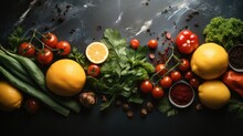 Healthy Food Cooking Ingredients Background With Fresh Vegetables, Herbs, Spices And Olive Oil On Marble Table, Top View.