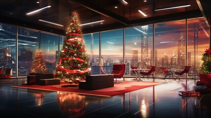 Christmas background corporate for gift cards with two christmas tree and stars, big windows