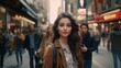 the urban lifestyle, people walking briskly on a city sidewalk. selective focus to highlight individuals against a blurred background, emphasizing the bustling pace of city life.