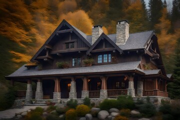 Wall Mural - Craftsman-style house with beams and a stone chimney - AI Generative