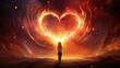 Young woman looking at a glowing heart made of fire and light energy. Symbol of love and kindness in the sky.