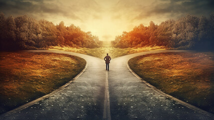 Person standing at the crossroads and choosing which way to go, on a gloomy autumn day with light of hope on the horizon. Making decisions and choices in life.