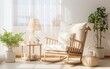 Wooden rocking chair with a beige rocking cushion. A coffee table and a lamp. Simple american style interior.