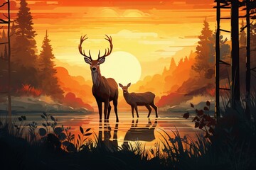 Wall Mural - An illustrated scene of deer family amidst a forest during a captivating sunset. Generative AI