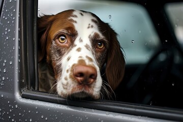 Wall Mural - portrait of a cute dachshund dog with its snout out of the car window