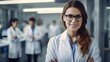Beautiful young woman scientist wearing white coat in modern Medical Science Laboratory with Team of Specialists on background. Generative AI