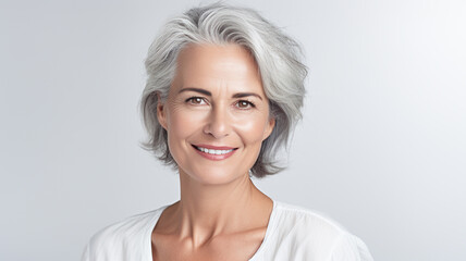 Wall Mural - Adult woman with smooth healthy face skin. Beautiful aging mature woman with gray hair and happy smiling touch face. Skin care beauty, skincare cosmetics, advertising concept.