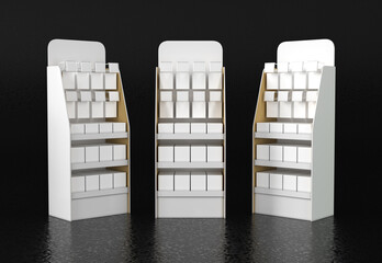 Trade temporary display made of cardboard. Set of 3D illustrations
