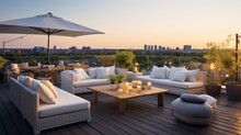 A Rooftop Terrace Furnished With Modern Outdoor Furniture.
