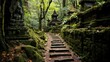 A rustic stone pathway leading to a hidden Buddha shrine in the mountains.