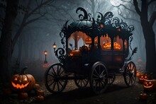 Haunted Ethereal Forest Full Of Jack O Lantern Mushrooms And Pumpkins. Monstrous Shadows Lurk In The Background Of The Dark Supernatural Forest. Halloween Haunted Carriage Ride, Demons Waiting To Kidn