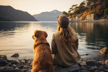 Generative AI Illustration Of Back View Of Unrecognizable Female Tourist Sitting On The Floor Looking At The Lake With Cute Calm Dog