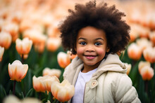 Generative AI Illustration Of Positive Black Little Girl With Afro Hair Smiling And Looking At Camera While Standing Among Orange Flowers Against Blurred Background